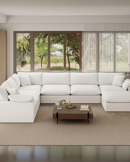 253" Oversized Cloud Modular Sectional Sofa,7 Seat Down Filled Sofa,Comfy Deep Seat Couch with Reversible Chaise & Cushions,Couch Cover Washable and Replaceable,White