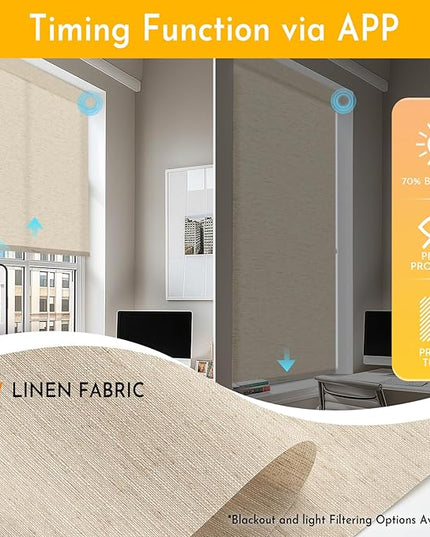 Persilux Smart Motorized Blinds with Remote, No Drill Automatic Roller Shades for Indoor Windows, Light Filtering Linen Fabric, Electric Blinds for Windows, Linen Beige C156-2, Custom Size