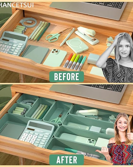 CHANCETSUI 9 Pcs Stackable Drawer Organizer Trays Set, Green, Multifunctional Storage for Vanity, Bathroom, Kitchen, Desk Drawer Organizer Office, PET Plastic