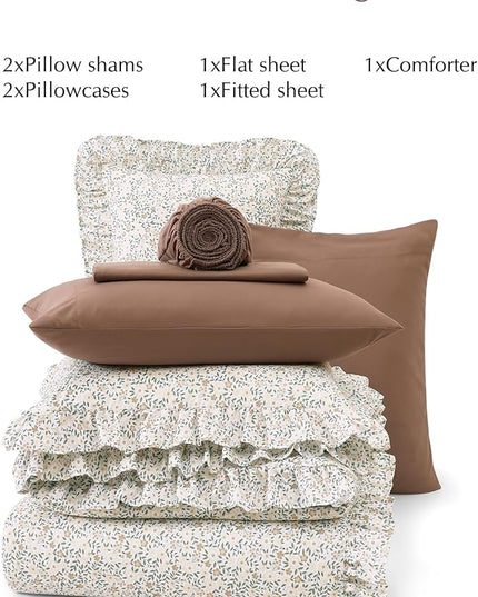 Full Comforter Set - 7 Pieces Ruffle Beige Ditzy Bedding Sets, Shabby Chic Farmhouse Bed in a Bag Full with Floral Comforter, Sheets, Pillowcases & Shams