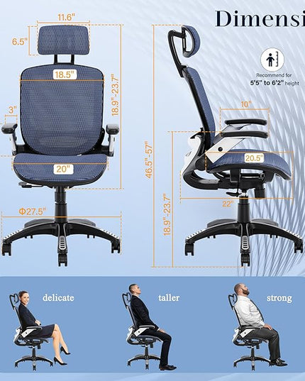 GABRYLLY Ergonomic Office Chair, High Back Mesh Desk Chair with Adjustable Headrest, Flip-Up Arms, 90-120° Tilt Lock, Lumbar Support and Comfy Seat, Swivel Computer Task Chair, Blue