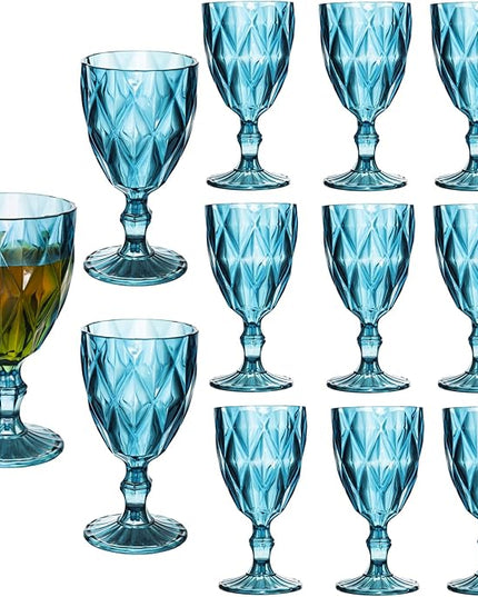 12 Pack Vintage Wine Glasses, Plastic Reusable 12 Ounce Colored Water Goblets, Unique Embossed Pattern Unbreakable Stemmed Wine Glasses High Clear Wedding Party Bar Drinking Cups Blue