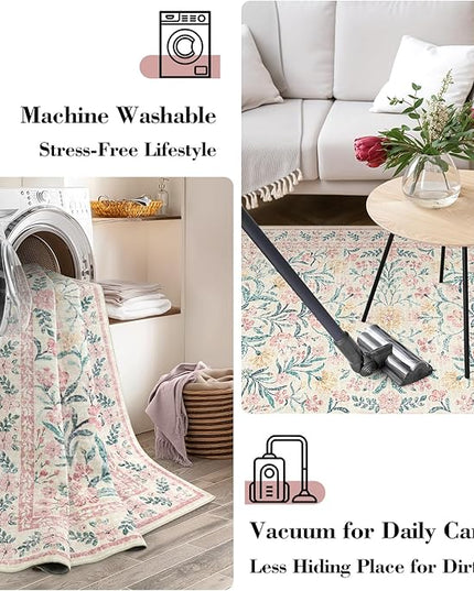 Wonnitar Floral Washable Runner Rug, 2'6"x8' Runners for Hallways Pink Rugs for Entryway Bedroom, Boho Non Slip Soft 8ft Long Carpet for Kitchen Bathroom Laundry