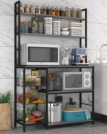 Large Baker Rack with Basket,5-Tier Kitchen Utility Storage Shelf with Hooks,Microwave Oven Stand with Storage,Suitable for Living Room, Dining Room,Coffee Bar(Grey)