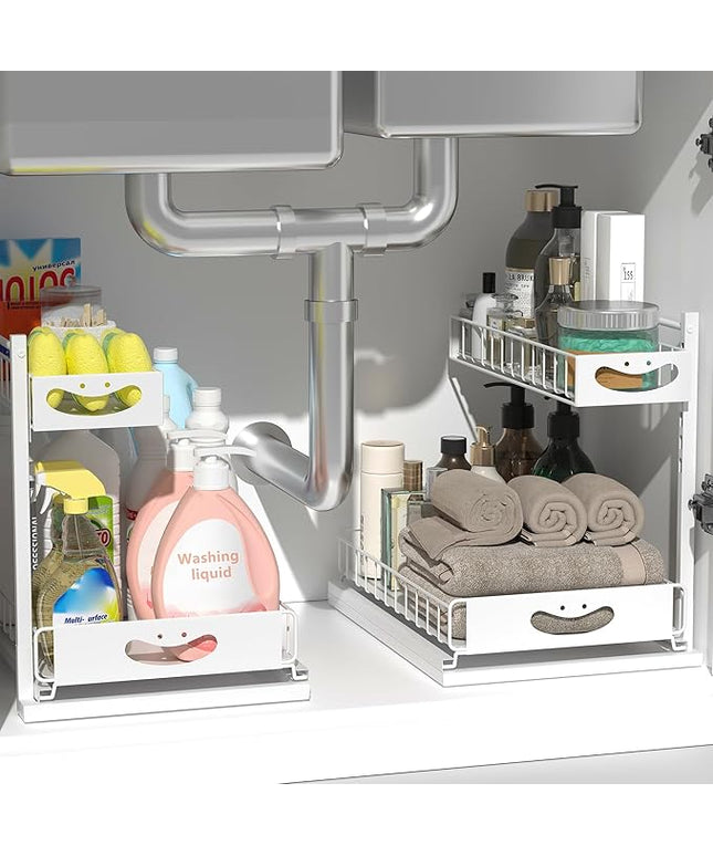 Under Sink Organizer with Pull-Out Drawers,Kitchen Sink Organizer,2 Tier Bathroom Organizers And Storage,Bathroom Accessories Set,White 2 Pack