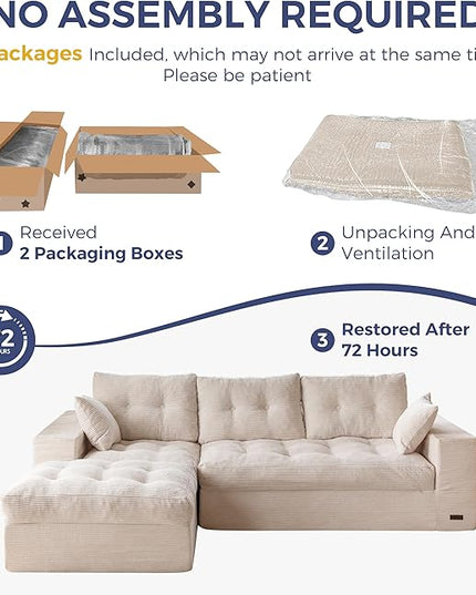 MAXYOYO 104" L Shaped Modular Sectional Sofa with Ottoman, Cloud Boneless Couch with Layered Cushion, Upholstered Sofa in a Box, Flexible Module Combination for Living Room, No Assembly, Beige