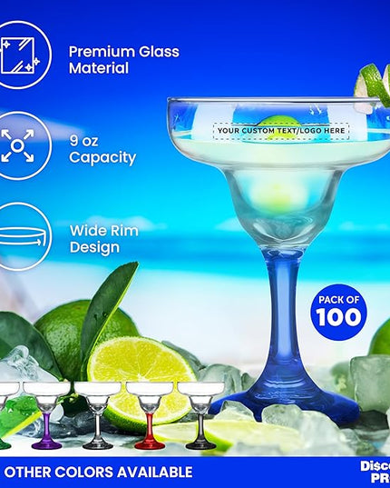 DISCOUNT PROMOS 100 Margarita Glasses Set, 9 oz. - Personalized Text, Logo - Classic, Smooth, Barware, Glassware - Blue