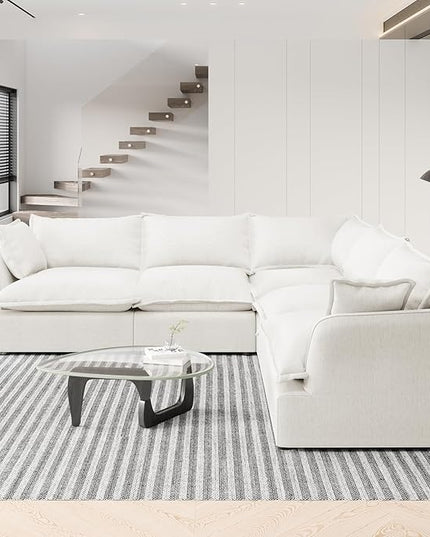 Modern Sectional Cloud Sofa,Linen Couch for Living Room V-Shape,5 Seat Modular Wide Deep Seat Sofas,Detachable Couches Cushion Covers,Cozy Feather Down Sofa for Apartment,Cream White