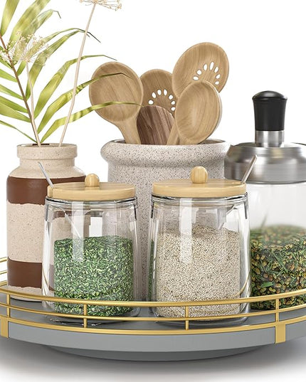 9" Wooden Lazy Susan Turntable for Cabinet – Rotating Spice Rack Organizer, Small Gray Kitchen Countertop Tray for Dining Table & Pantry Storage