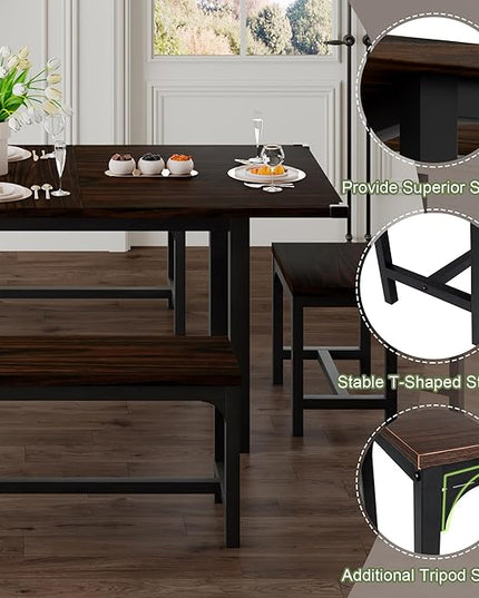 Feonase 5-Piece Dining Table Set for 4-8 People, 63" Extendable Kitchen Table Set with 2 Benches and 2 Square Stools, Dining Room Table with MDF Wood Board, Easy Clean, Dark Brown