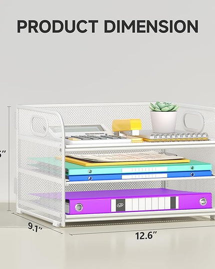 3 Tier Paper Organizer with Handle, Metal Desk Organizer Mesh Paper Letter Tray Desktop File Folder Document Sorter for Classroom, School, Office Accessories Organization and Storage - White