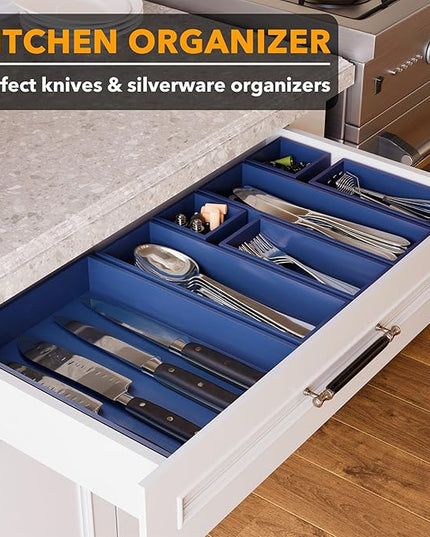 SpaceAid 7-Piece Bamboo Drawer Organizer Storage Boxes Set, Wood Tray Junk Drawer Organizers Multi-Use Divider Bins for Kitchen, Bathroom, Office Desk and Makeup Organization (7 Pack, Navy Blue)