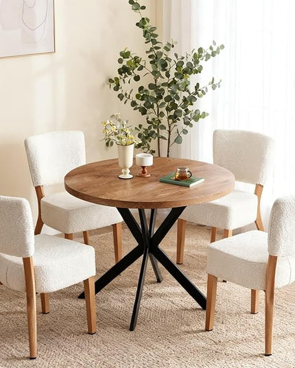 5-Piece Round Dining Table Set, Modern Small 37" Kitchen Table Chairs Set, Upholstered Stackable Dining Chairs with Metal Legs for Living Room Apartment, Space-Saving, Imitation Wood&White