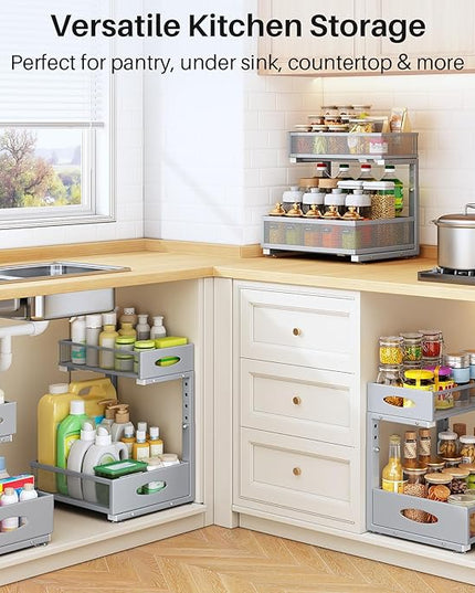 Under Sink Organizer, 2 Pack 2 Tier Pull Out Under Cabinet Organizer Shelf with Pad for Framed Cabinets, Metal Slide Out Under Sink Storage, Mesh Sliding Drawers for Kitchen Bathroom Laundry, Grey