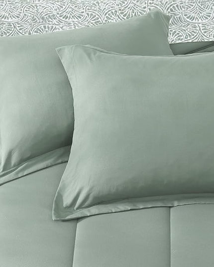 Monbix Full Comforter Set - 7 Pieces Sage Green Bed in a Bag Full Size Track Stitching Bedding Sets, All Seasons Down Alternative Comforter with Sheets,Pillowcases & Shams