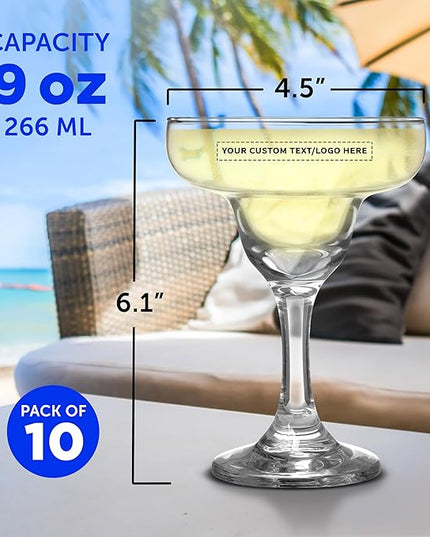 DISCOUNT PROMOS 10 Margarita Glasses Set, 9 oz. - Personalized Text, Logo - Classic, Smooth, Barware, Glassware - Clear