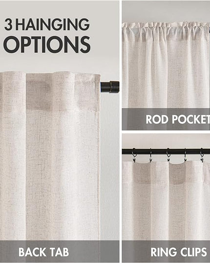 MIULEE White Short Linen Curtains 45 Inch Length 2 Panels for Kitchen Bedroom Bathroom, Soft Thick Linen Textured Natural Basement Window Drapes Semi Sheer Light Filtering Back Tab Rod Pocket