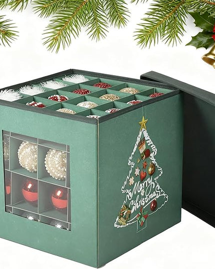 Christmas Ornament Storage Box with Lid - Holds 64 Ornaments, Large Sturdy & Foldable Organizer Case for Holiday Decor 11.8x11.8x11.8 Inch