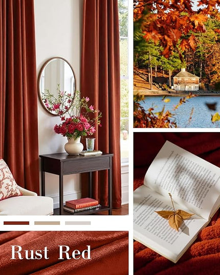 Lazzzy Velvet Blackout Curtains Thermal Insulated Room Window Drapes Super Soft Luxury Curtains for Living Room Bedroom Rod Pocket 2 Panels, Rust Red, 52" W x 72" L