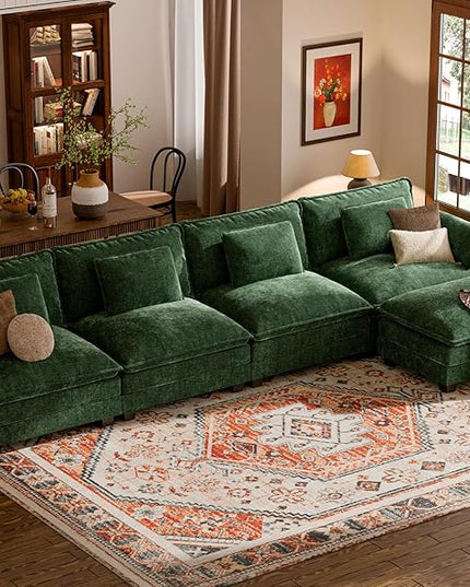 ELUCHANG Oversized 153" Modular Sectional Sofa, Comfy Cloud Couch, L Shaped Deep Seat Sofa Couches for Living Room, 5-Seater Modern Sofa with Movable Ottoman, DIY Combination - Chenille Green