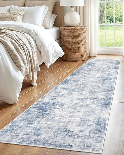 IOHOUZE Abstract Runner Rug 2x8 Ft Washable Runners for Hallways, Non Slip Kitchen Runner Printed Faux Wool Entryway Runner Indoor, Modern Floor Carpet for Hall Kitchen Bedroom, Light Blue White