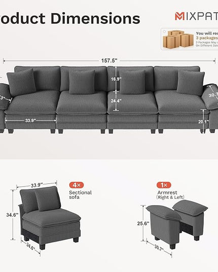 157.5" Cloud Modular Sectional Sofa, 4-Seater w/Deep Seat & Removable Arms, Plush Corduroy for Living Room - Gray