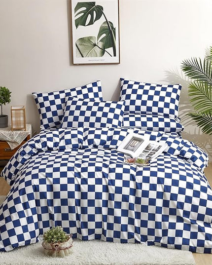 CLOTHKNOW Blue White Plaid Comforter Sets Twin/Twin XL Grid Bedding Comforter Sets Royal Blue White Bed Comforter Blue Bedding Sets Soft