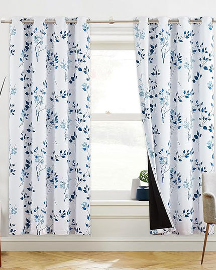 Beauoop Floral 100% Blackout Curtains 72 Inches Long 2 Panels for Bedroom Living Room Navy Blue and White Flower Patterned Room Darkening Thermal Soundproof Grommet Window Treatments Drapes, 52X72