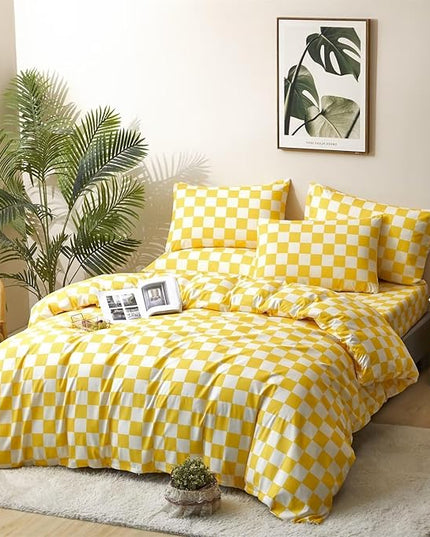 Houseri Plaid Comforter Set - Full Size Yellow Grid Bedding - Teen Girls Preppy Dorm Bedding