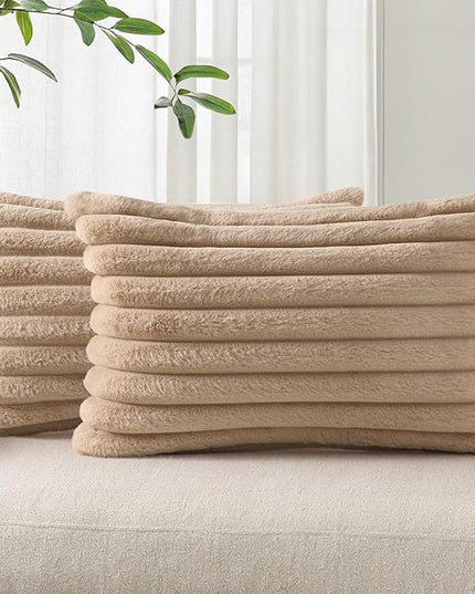 Pallene Faux Fur Plush Lumbar Throw Pillow Covers 12x20 Set of 2, Luxury Soft Fluffy Striped Decorative Pillow Covers for Sofa, Couch, Living Room, Khaki