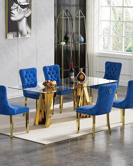7 Piece Dining Table Set with 6 Blue Dining Chairs, Modern Glass Kitchen Table and Chairs Set for 6, 70" Rectangle Gold Glass Pedestal Dining Room Tables with Flash-Shape Stainless Steel Base
