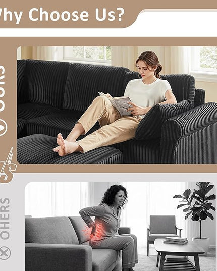 Modular Sectional Sofa Couch, L-Shape Corduroy Couches 4 Seat with Storage Ottoman, Modern Corner Sofa Memory Foam Sectional Cloud Couches for Living Room, Bedroom, Apartment, Office (Black)