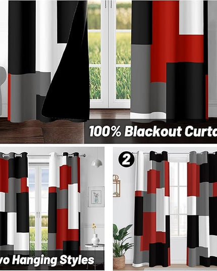 Red Black 100% Blackout Curtains for Bedroom 63 inch Length 2 Panels Set White Grey Modern Abstract Geometric Black Out Curtains Insulated Room Darkening Window Drapes for Living Room, 42Wx63L