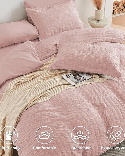 HYMOKEGE Rose Gold Queen Comforter Set Seersucker 7 Pieces, All Season Luxury Bed in a Bag for Bedroom, Bedding Set with Comforters, Sheets, Pillowcases & Shams