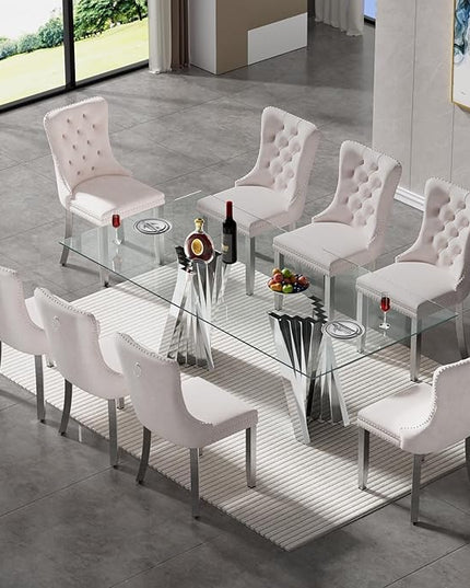 SSLine 9 Piece Glass Dining Table Set,70" Dinner Room Glass Table Set for 8,Modern Kitchen Dinner Table Set with Stainless Steel Base and 8 Upholstered Velvet Dining Chairs for Living Dining Room