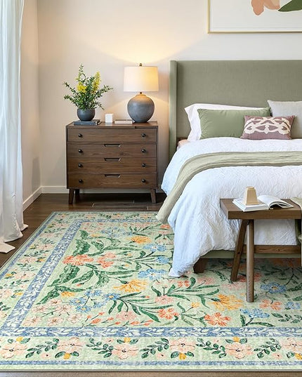 Wonnitar Machine Washable Area Rugs 9x12, Soft Sage Green Floral Rug for Living Room Bedroom, Ultra-Thin Large Foldable Boho Carpets for Playroom Classroom Dining Room