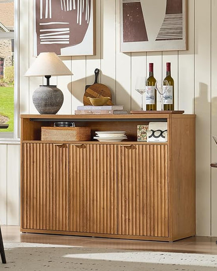 LEYAOYAO Fluted Buffet Cabinet with Storage, 45" Wide Modern Sideboard Credenza with 3 Doors & Open Storage Shelf, Wood Kitchen Console Accent Cabinets, Coffee Bar Table for Dining Room, Tea Brown