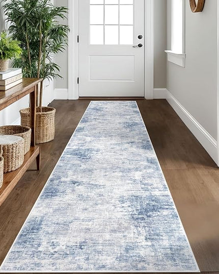 IOHOUZE Abstract Runner Rug 2x10 Ft Washable Runners for Hallways, Non Slip Kitchen Runner Printed Faux Wool Entryway Runner Indoor, Modern Abstract Floor Carpet for Hall Kitchen, Light Blue White