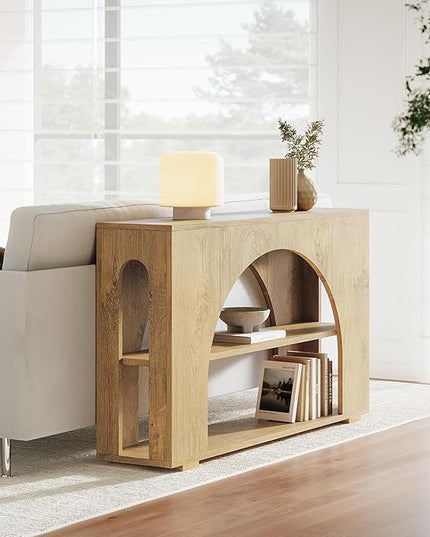 55" Console Table, Farmhouse Sofa Table with 3-Tier Storage, Wooden Entryway Table for Entrance, Hallway, Living Room, Natural Wood
