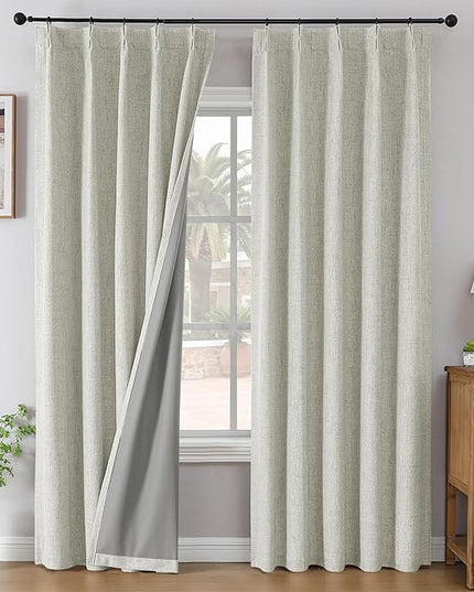 Joydeco Pinch Pleated Curtains - 100% Blackout for Bedroom, Light Beige Linen Curtains 40" W x 96" L, Thermal Insulated 2 Panels Light Blocking Drapes, Back Tabs for Living Room