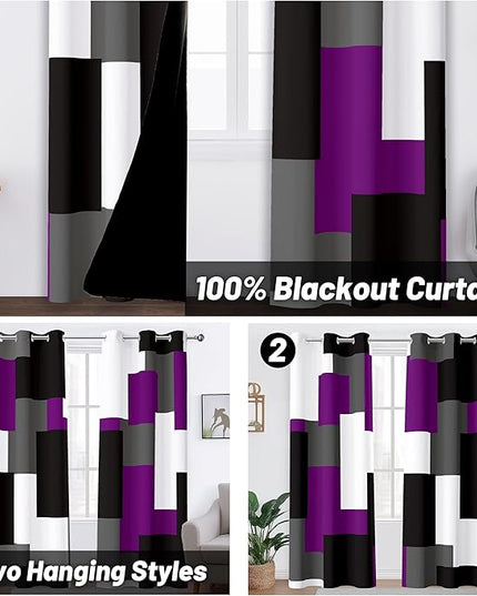 Purple 100% Blackout Curtains for Bedroom 63 inch Length 2 Panels Set Black Grey Modern Abstract Geometric Black Out Curtains Insulated Room Darkening Window Drapes for Living Room, 42Wx63L