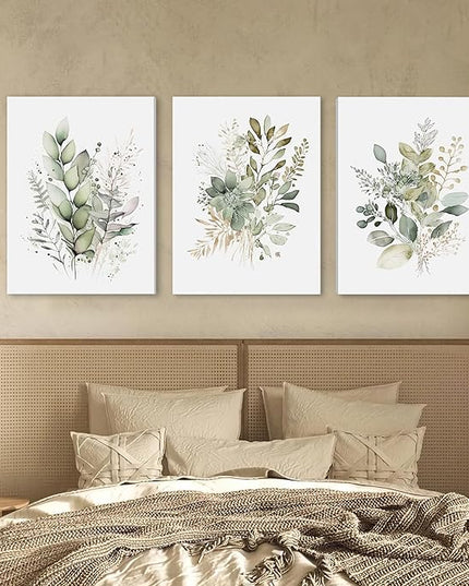 WRFON Watercolor Botanical Wall Art Set of 3 Boho Sage Green Wildflower Canvas Wall Art Prints Modern Floral Wall Decor for Bedroom Living Room Bathroom Decorations Framed 12x16 Inches