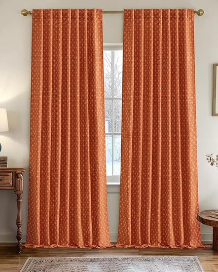 MIULEE Decorative Back Tab Linen Curtains with Geometric Pattern for Living Room Bedroom Farmhouse Rustic Thick Woven Textured Patterned Floor to Ceiling Drapes 102 Inch Long 2 Panels, Burnt Orange