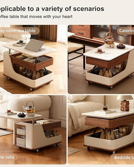 Lift Top Coffee Table with Storage, Small Rolling Side Table/NightStand Table for Living Room Kitchen Bedroom Small Apartment (White + Walnut)