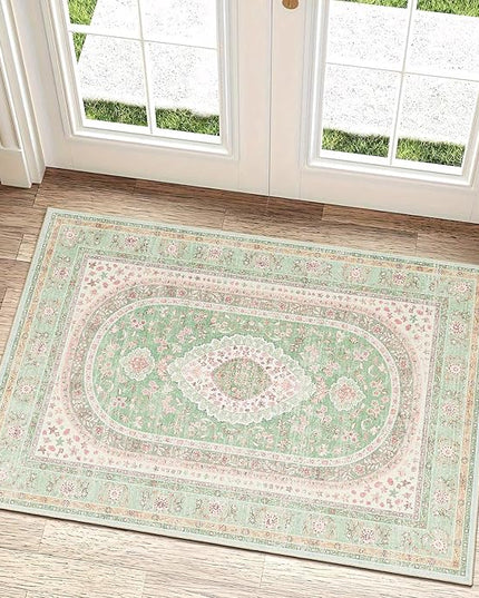 Small Rugs 2x3,Green Rug for Entryway Bathroom Bedroom Kitchen Entrance Doormat,Boho Vintage Bohemian Distressed Washable Oriental Accent Floor Throw Carpet Non Slip,Sage Blush Floral