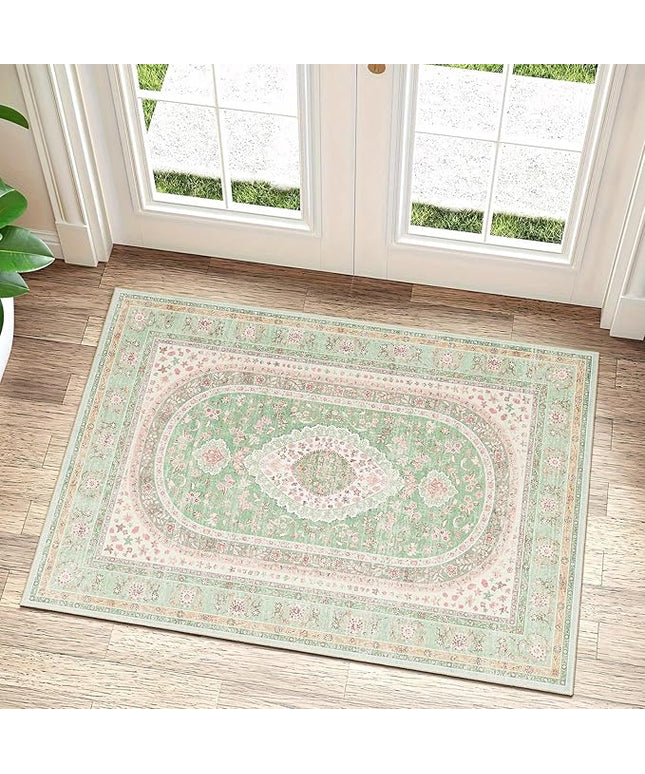 Small Rugs 2x3,Green Rug for Entryway Bathroom Bedroom Kitchen Entrance Doormat,Boho Vintage Bohemian Distressed Washable Oriental Accent Floor Throw Carpet Non Slip,Sage Blush Floral