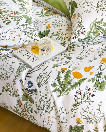 Houseri Green Floral Comforter Set Queen Yellow Small Flowers Botanical Bedding Sets Queen Teen Girls Women Rustic Green Leaves Boho Comforter Queen Size Farmhouse Bed Comforter Blanket Quilt Queen