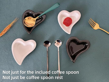 Coffee & Tea Spoon and Rest Set for Coffee Bar Accessories, Heart Cute Mini & Small Coffee Spoon Rest & Holder for Coffee Station & Bar, Teaspoon Rest & Holder (White Rest with Silver Spoon*2)