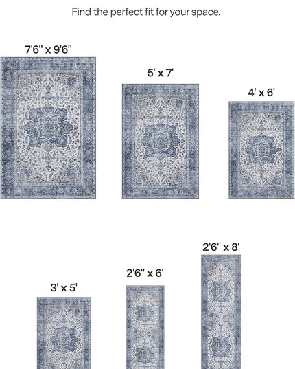 ReaLife Rugs Machine Washable Area Rug Runner - Living Room Bedroom Bathroom Kitchen Entryway Office - Padded Low Pile Stain Resistant Premium - Boho Farmhouse Vintage - Joy - Blue Ivory 2'6" x 6'
