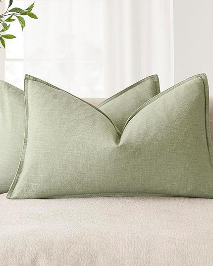 Foindtower Pack of 2, Decorative Linen Solid Throw Pillow Covers Accent Lumbar Cushion Case Boho Farmhouse Pillowcase for Chair Couch Sofa Bedroom Living Room Home Decor 12x20 Inch Light Sage Green